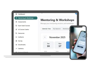 Learning platform dashboard on laptop and phone with analytics and one-on-one mentoring