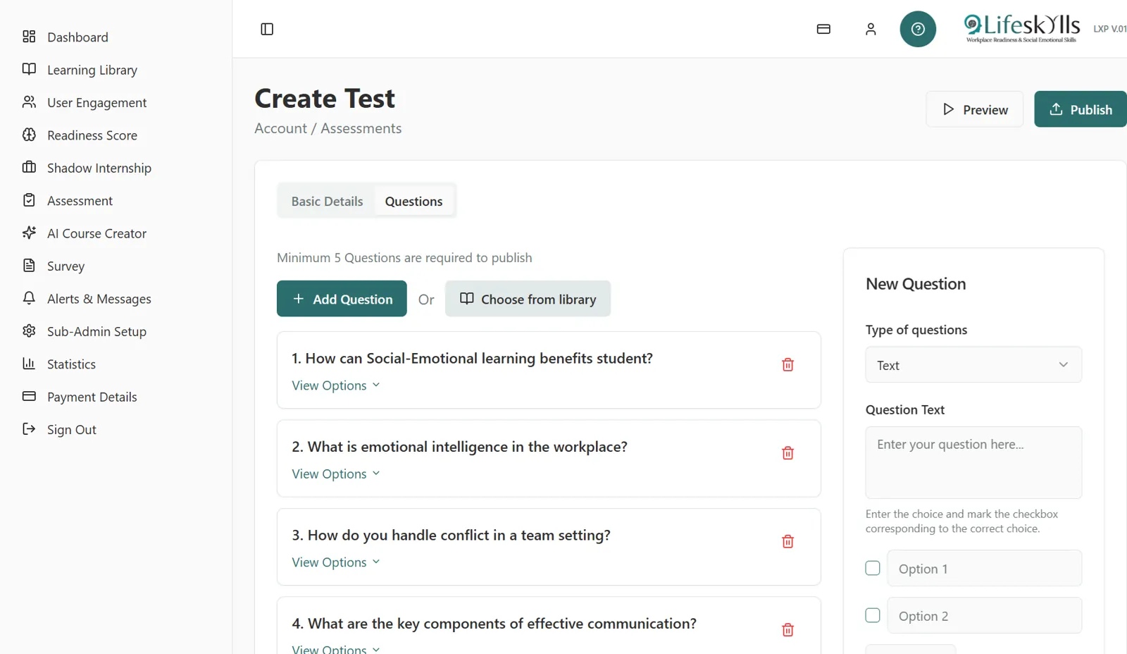 Assessment builder for creating tests and questions