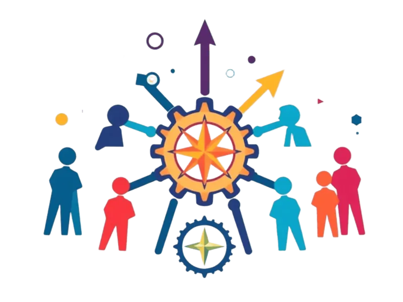 Employee engagement and leadership coaching concept with a connected team, gears and growth arrows